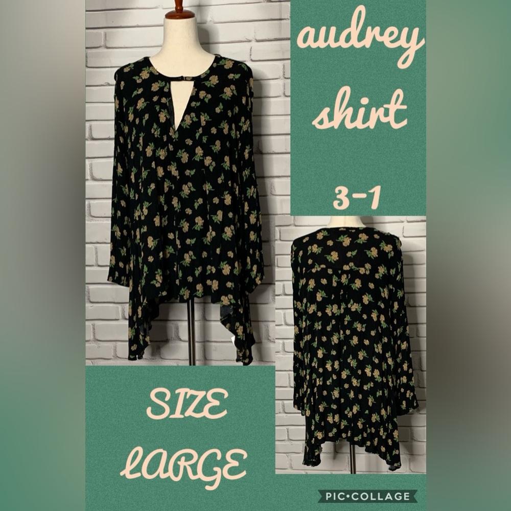 3/$30 Audrey 3+1 Black Asymmetrical Floral Tunic with Notched Collar